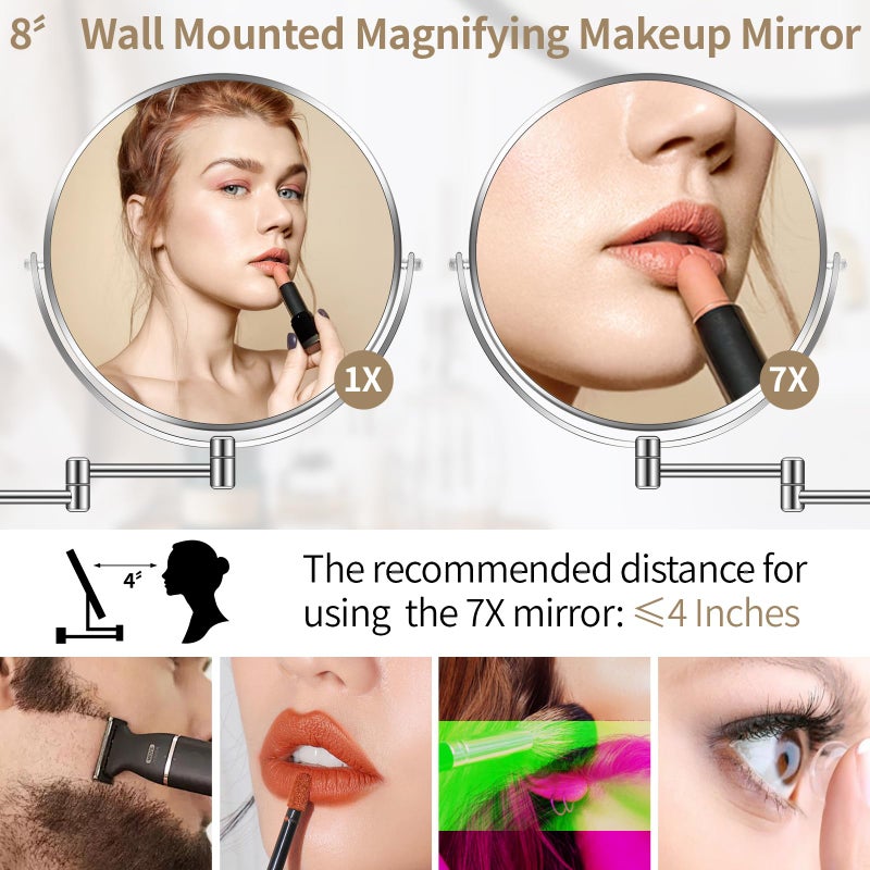 BTremary 8    Wall Mounted Magnifying Makeup Mirror 1X/7X Wall Mount Mirror Swing Arm Two-Sided 360 Swivel Bathroom Shaving Mirror for Men and Women in Hotel/Home, Chrome - Image 3